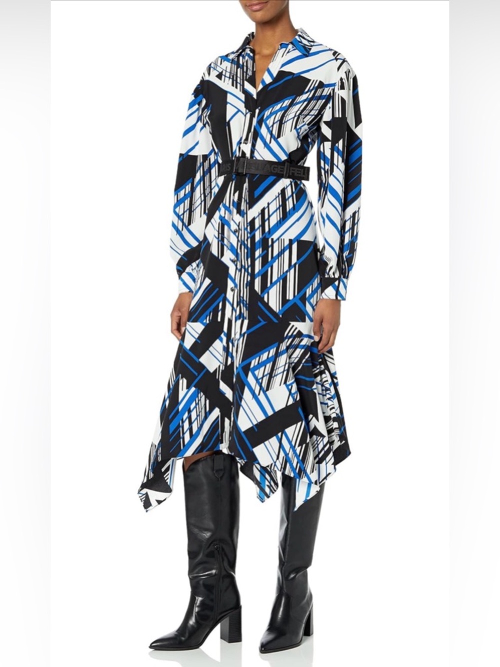 Karl Lagerfeld Paris NWT Blue Black White Asymmetrical Geometric Shirt Dress